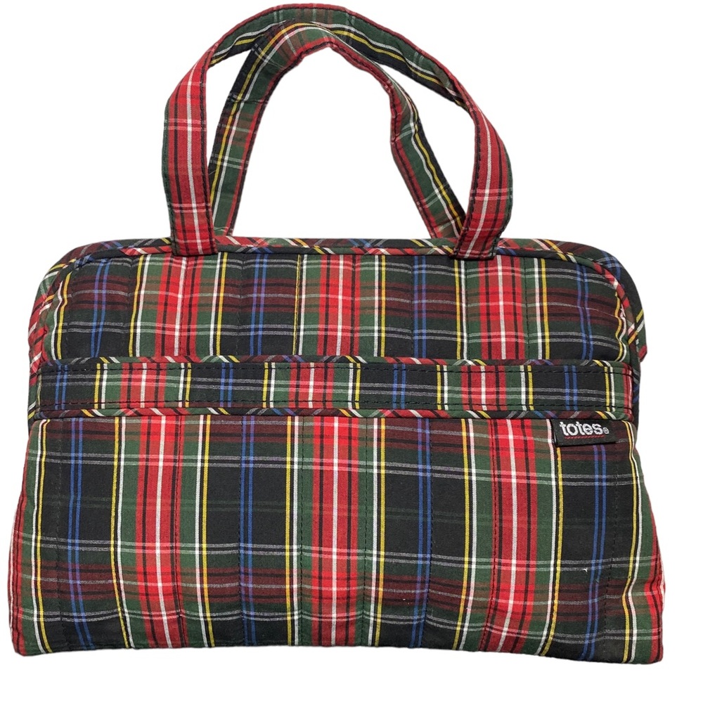 TOTES Toiletry Bag Cosmetic Makeup GUC tartan red plaid Travel Case handles